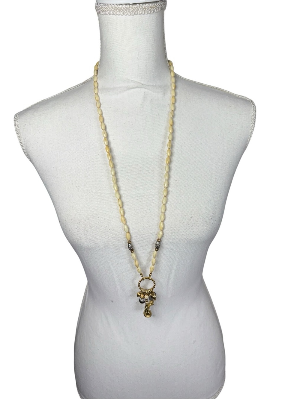 Long Cream and Silver Bead Pendant Necklace